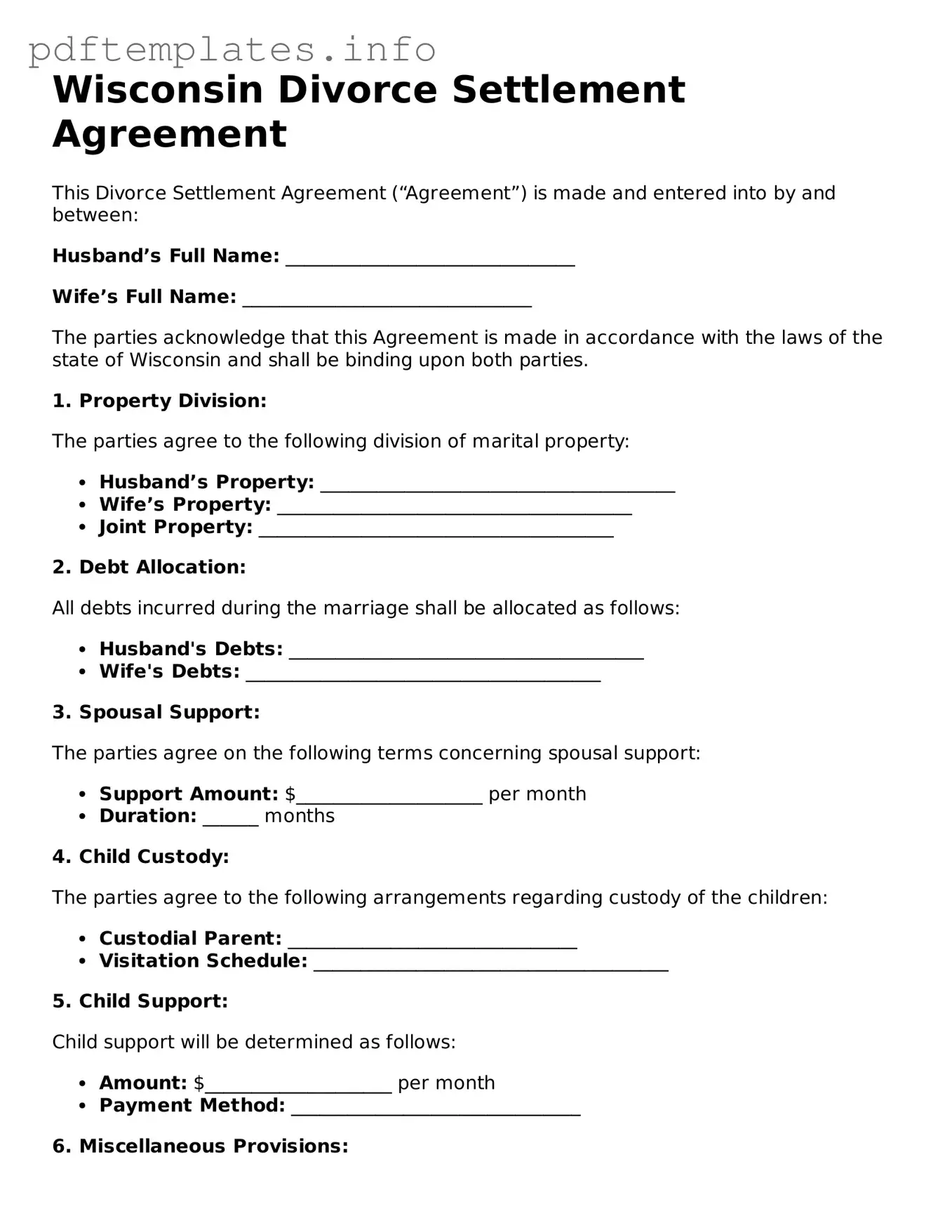 Blank Divorce Settlement Agreement Form for Wisconsin State