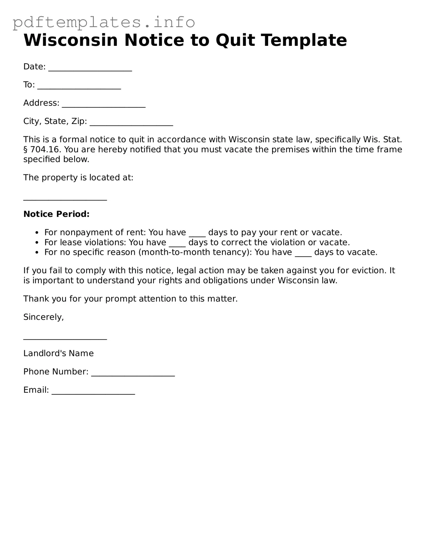 Blank Notice to Quit Form for Wisconsin State