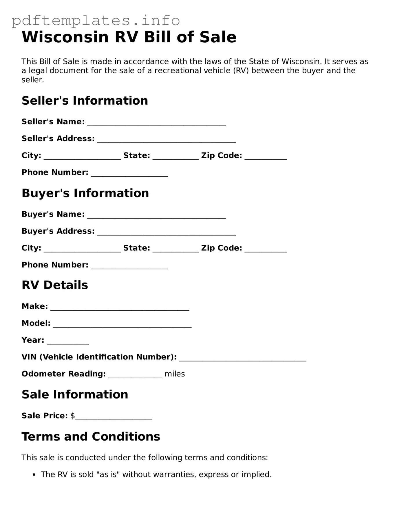 Blank RV Bill of Sale Form for Wisconsin State