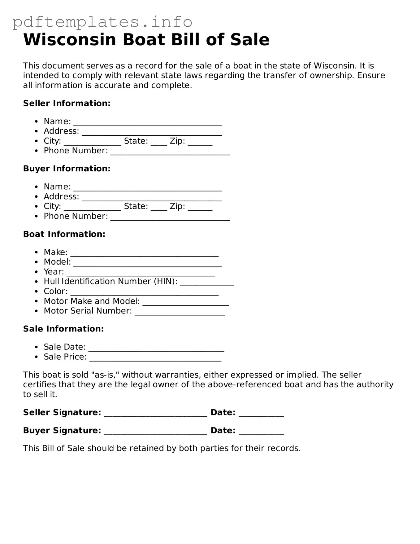 Blank Boat Bill of Sale Form for Wisconsin State