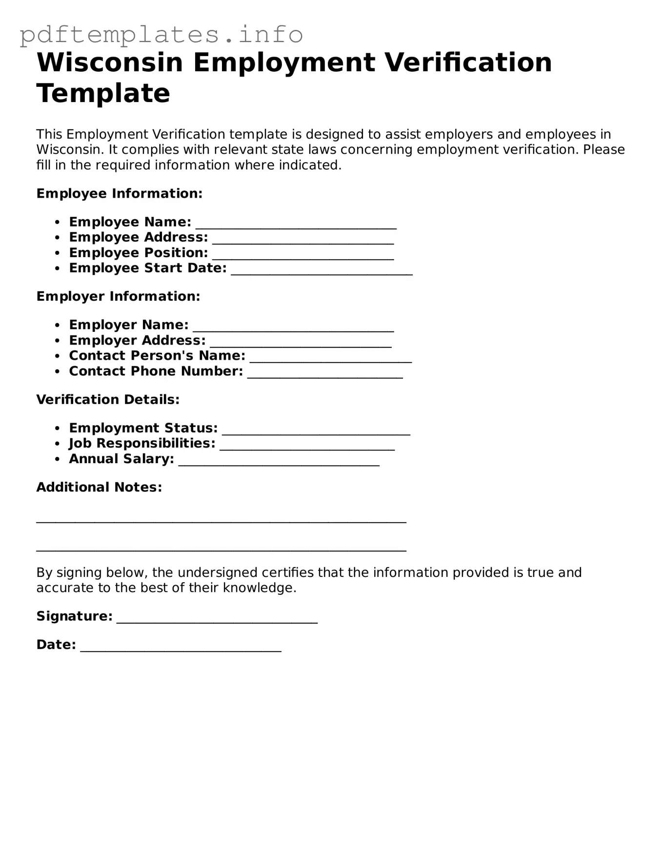 Blank Employment Verification Form for Wisconsin State