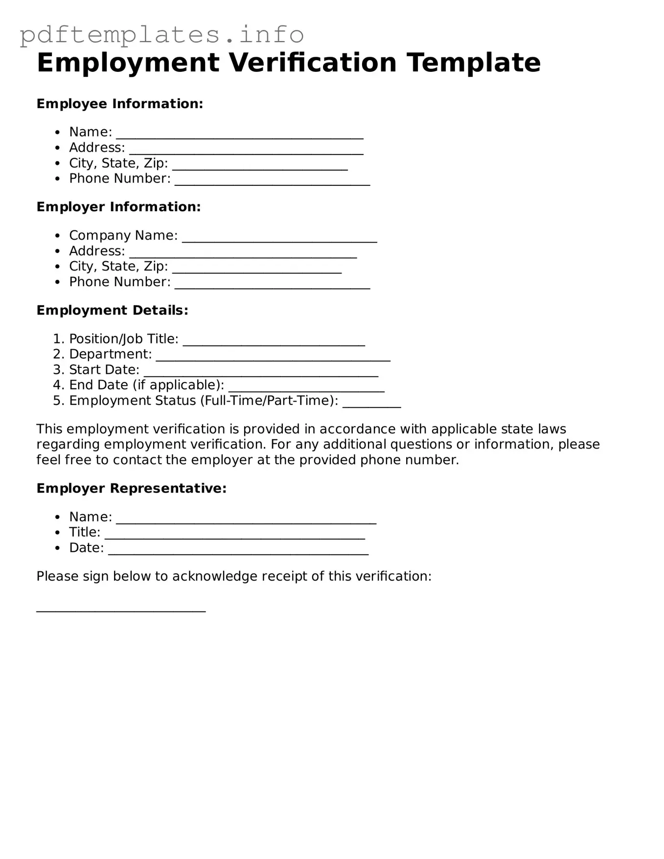 Printable Employment Verification Form